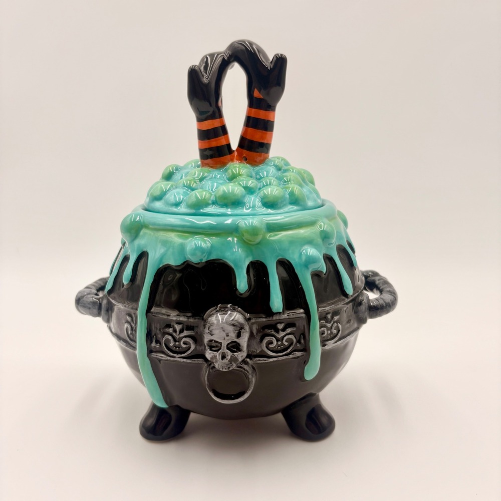 Blue Sky Halloween Ceramic Witch Cauldron Cookie Jar Teal Slime Bubbling Black